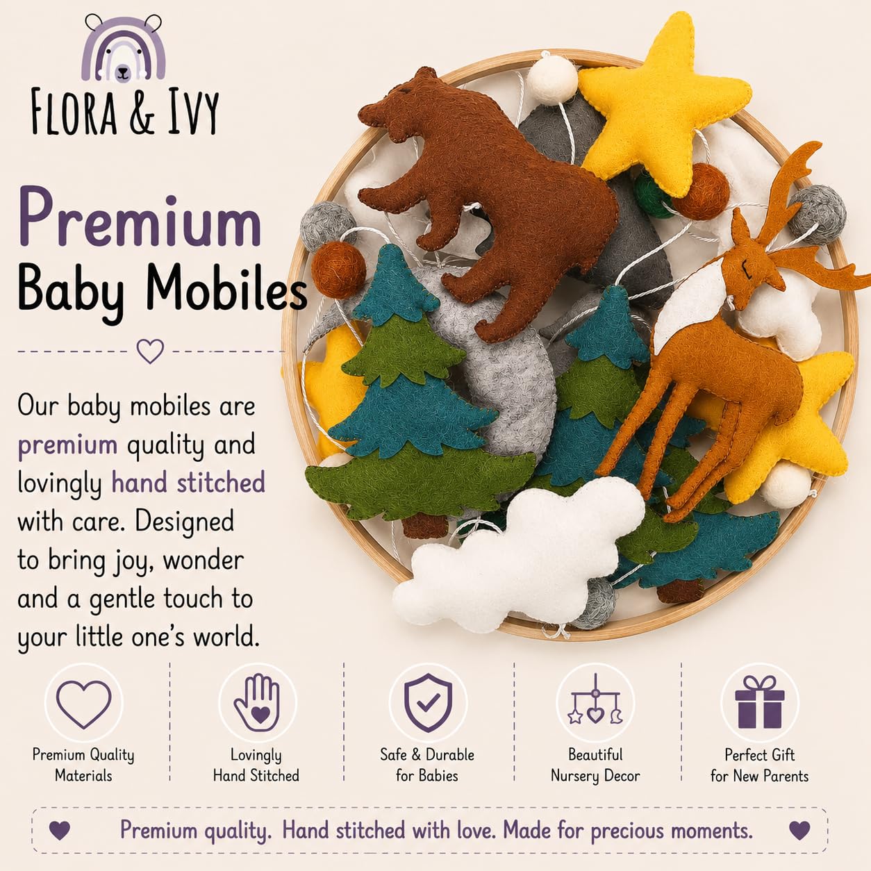 Flora & Ivy Woodland Mobile for Crib - A Gender Neutral Woodland Crib Mobile with Stars Trees Clouds and Animals for a Forest or Hunting Theme, Green sage