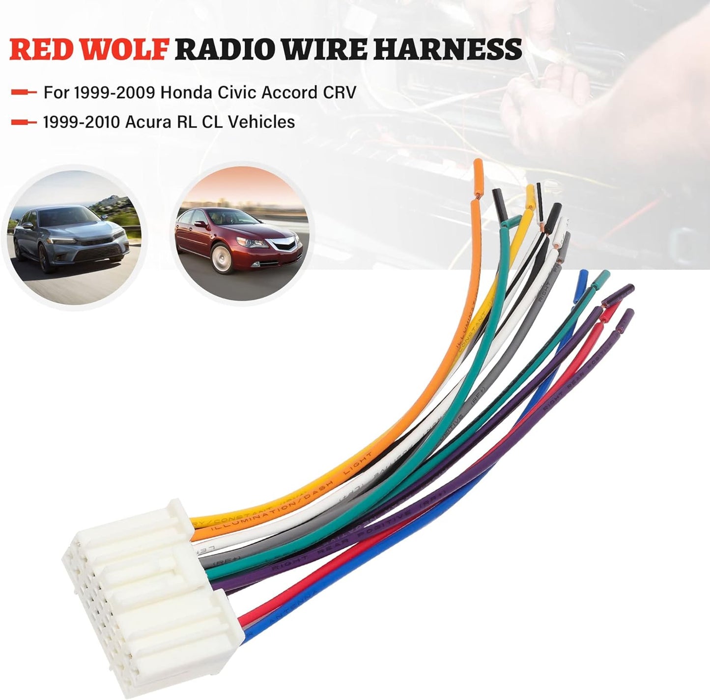 1999-2009 1999-2010 RED WOLF Radio Reverse Wiring Harness for Honda Civic Accord CRV, Acura RL CL Vehicles Female