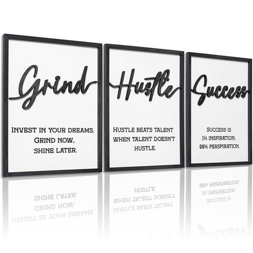 3D Wood Inspirational Office Wall Decor, 36" x 16" Framed Grind Hustle Success Motivational Wall Art, Positive Quotes Wall Art for Home Office Bedroom (Ready to Hang, Set of 3, Framed)