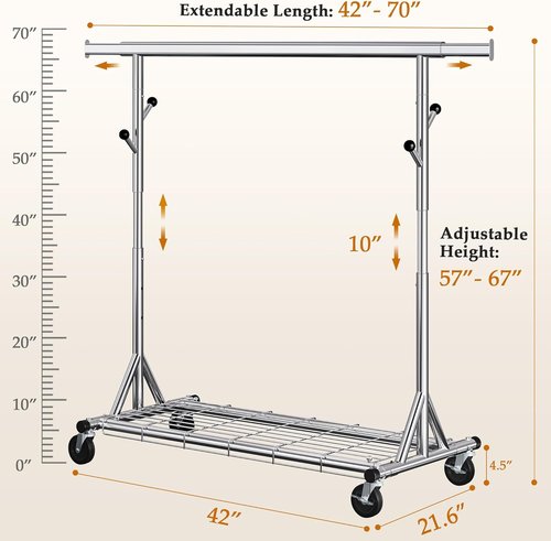 Gewudraw Heavy Duty Clothes Rack - Adjustable Portable Garment Rack with Sturdy Wheels & Shelves | 630 lbs Capacity, Chrome Stainless Steel
