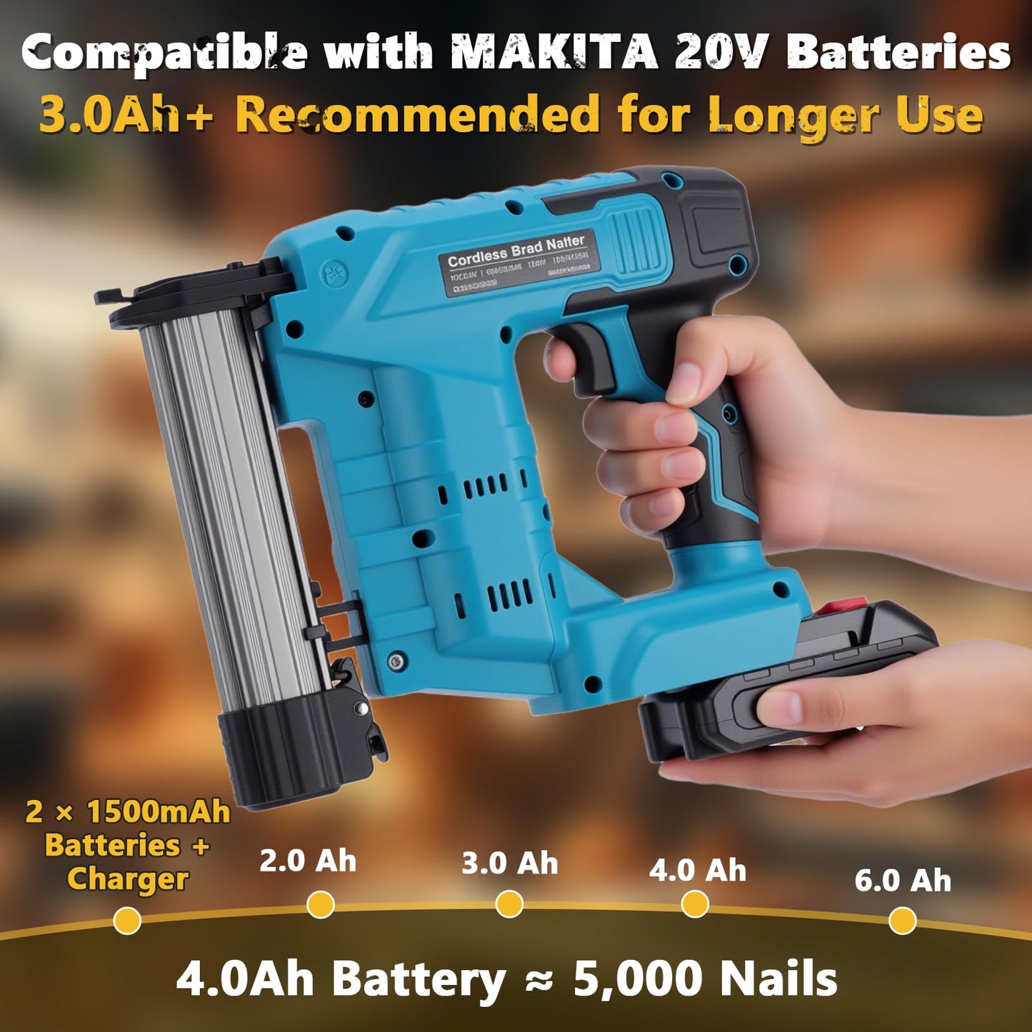 WODHMIEY Electric Nail Gun 2 Modes Battery Powered 18 Ga Brad Nailer, 20V Cordless Nail Gun Compatible with Battery, Copper Motor Heavy Duty Stapler for Woodworking Projects (2 Batteries)