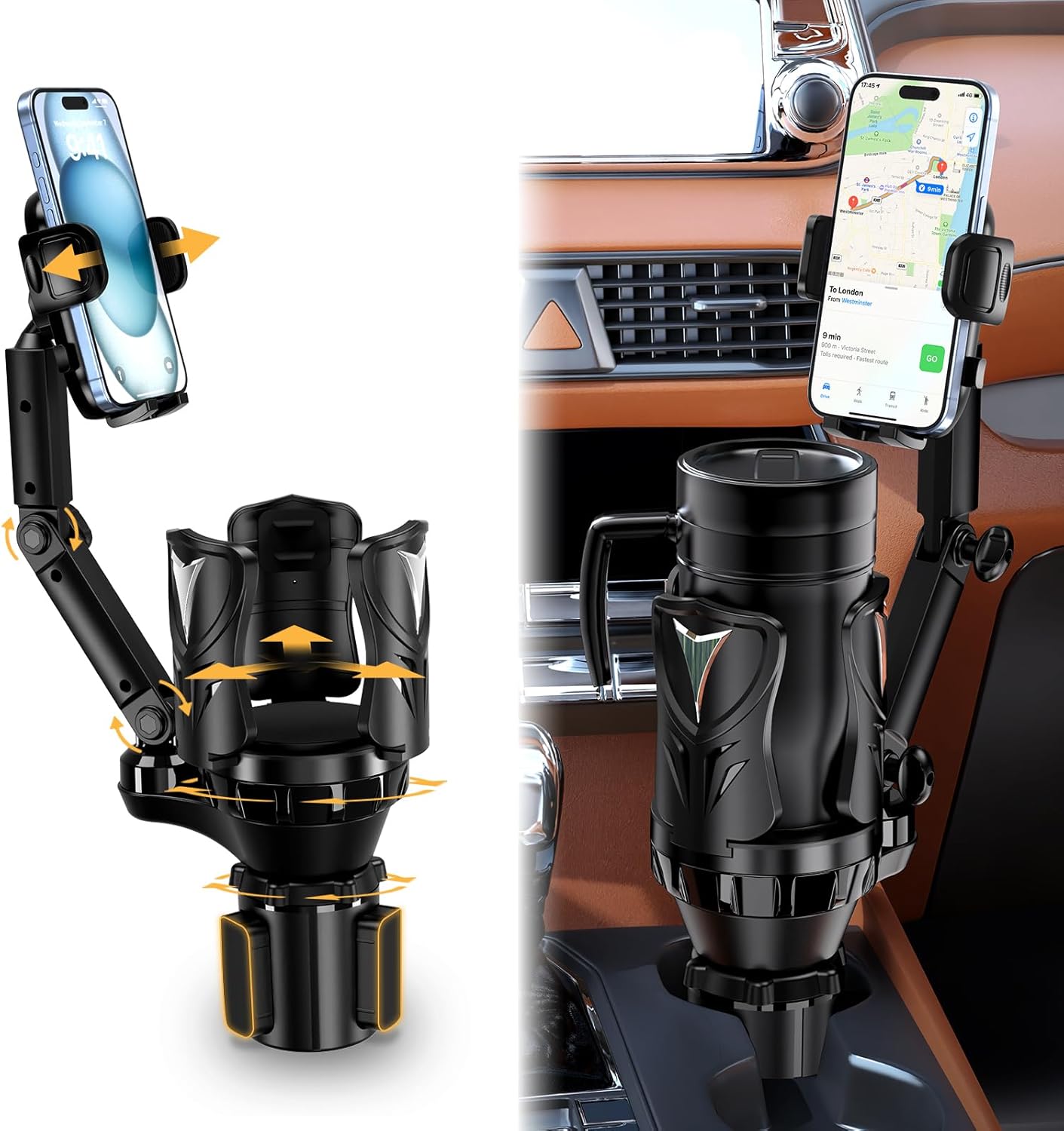 Commuters 5.31'' Phone Holders for Your Car, Adjustable Car Cup Holder Expander with Rubber Grip, Secure Hold