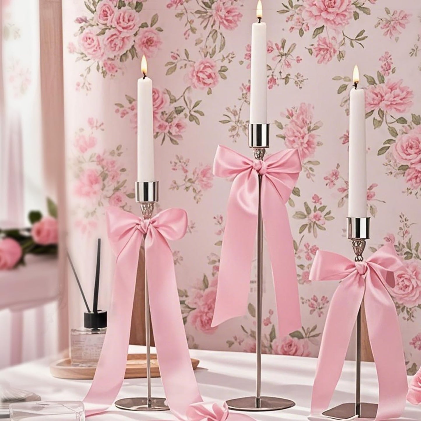 Regine Switzerland 16-Piece Pink Candlestick Bow Set - 13-Inch Ribbon Decor for Weddings & Parties