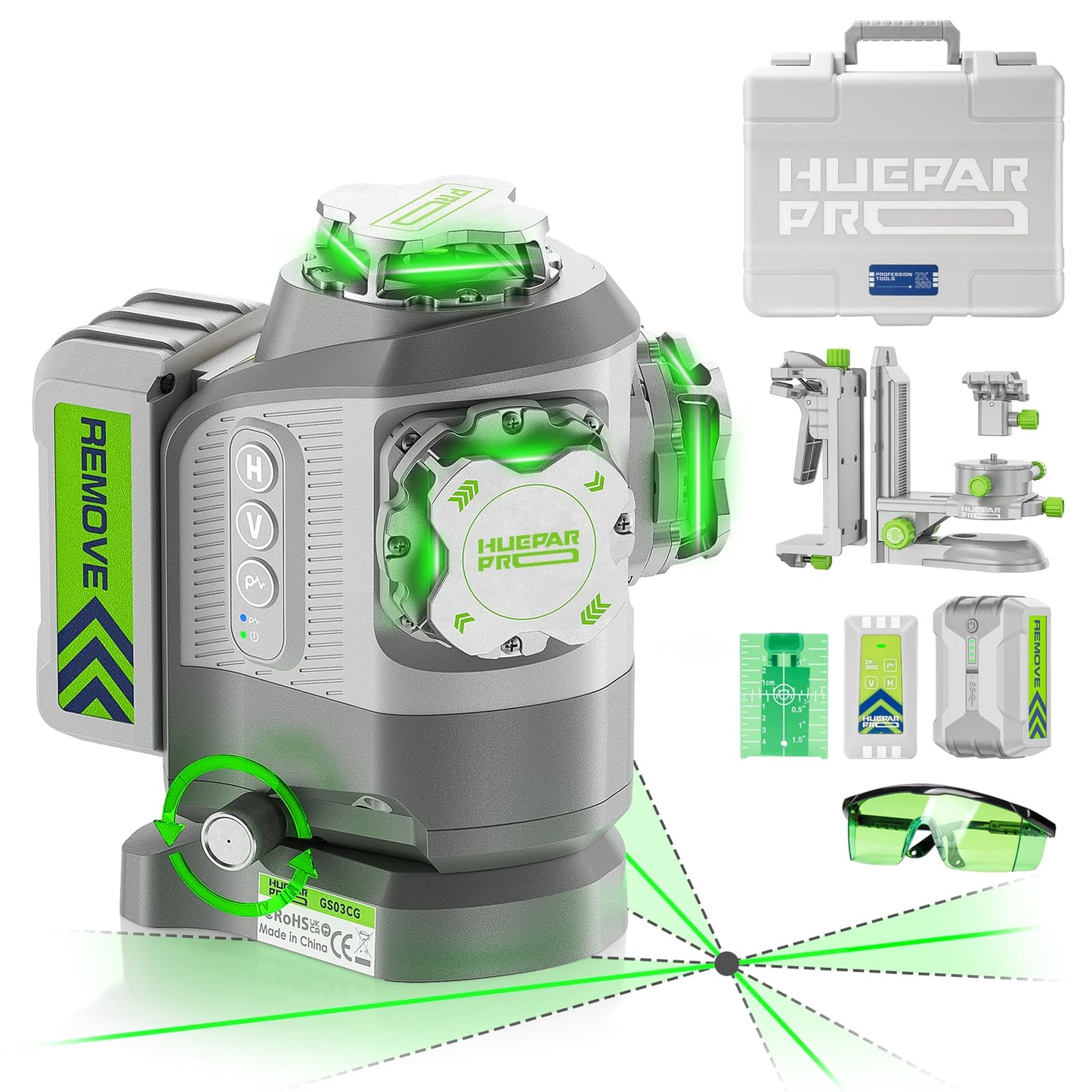 Huepar Pro 2026 New Outdoor Laser Level 360 Self Leveling with Fixed-Point Pivot Alignment, 3x360 Green Lazer Leveler Tool-Remote Control &Rechargeable Battery, 1/13" Accuracy for Construction GS03CG