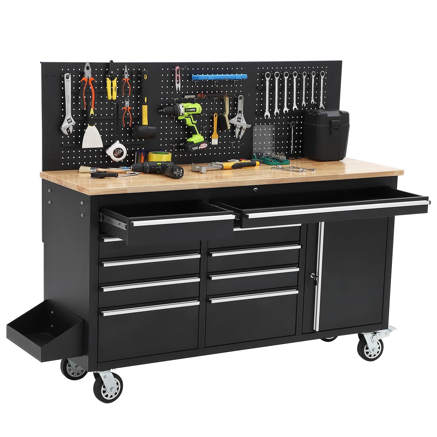 ActiveTrail 61" Tool Cabinet with Wheels, 10 Drawers Rolling Tool Chest, Heavy Duty Storage Workbench with Power Strip, Solid Rubber Wood Top, 1675 LBS Capacity, Mobile Tool Box for Garage, Shop