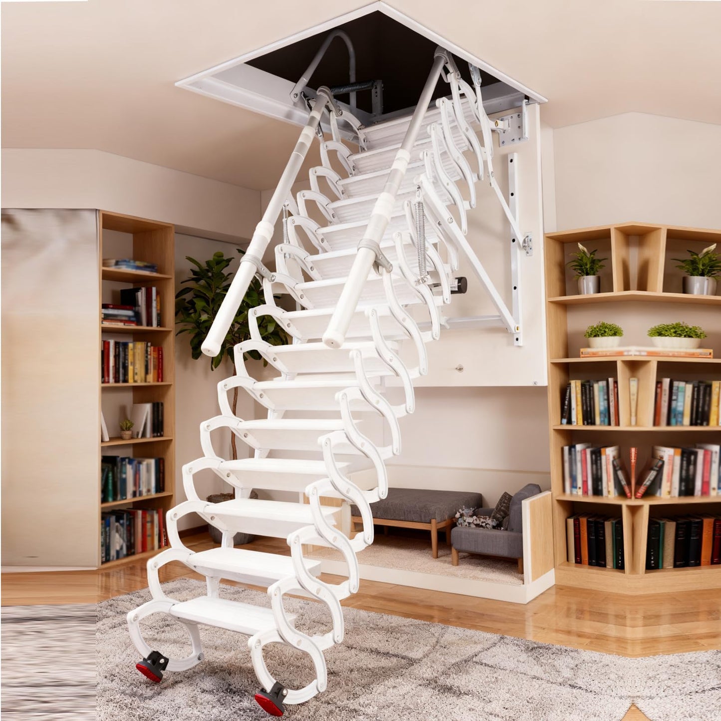 9.8ft Electirc Attic Ceiling Ladder, Pull Down Attics Ladder with Handrails, Folding Retractable Loft Ladders, Invisible Telescoping Attic Stairs, Extension Steps Staircase for Garage, Home, Basement