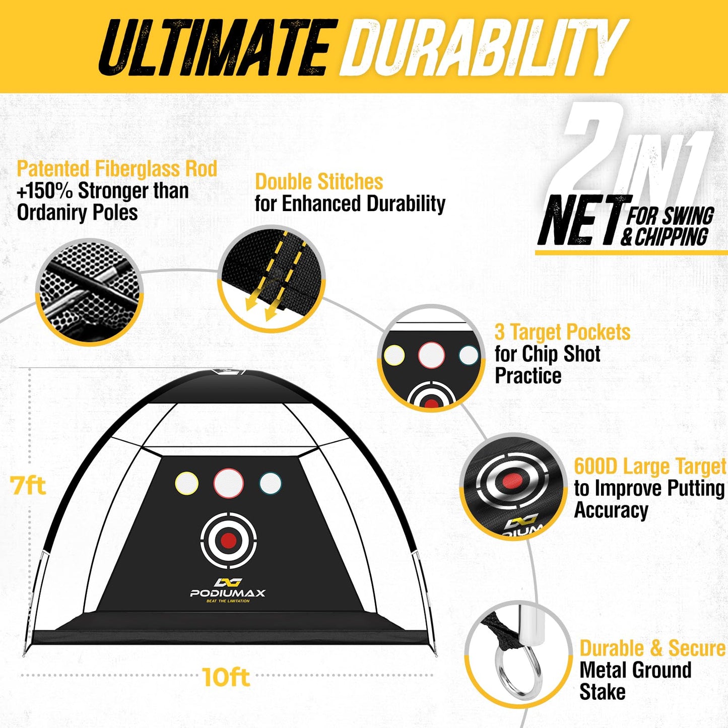 PodiuMax Golf Net, 10x7ft Golf Practice Net and Mat, Noise Reduce Target, 5 Balls, 4 Sandbags, Tee, Carry Bag, Hitting Nets for Backyard Garage, Indoor Driving Chiping, Gift for Men & Golfers