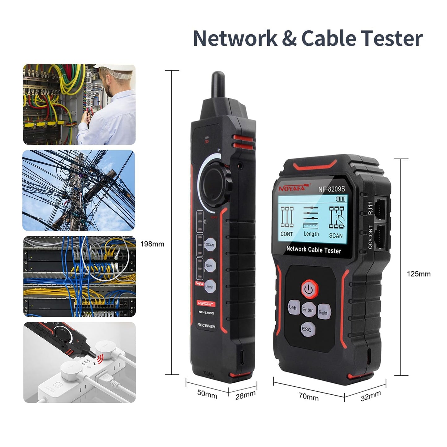 NOYAFA NF-8209S Network Cable Tester, Ethernet Cable Tester with CAT5, CAT6 Line Tracer, PoE, NCV, Length Test, Port Flashing, Fault Line Scan for Cable Grooming, LAN Network Cable Tracer Kit