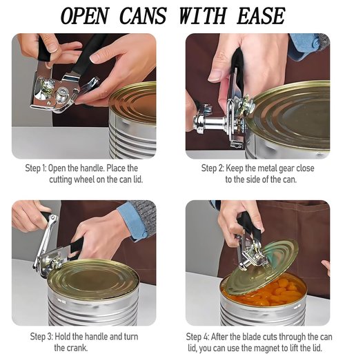 Commercial Can Opener Manual, RICKUNCL Heavy Duty Can opener with Magnet, Stainless Steel Handheld Can Opener with Folding Easy Crank Handle Oversized Knob for Big Cans and All Size Cans