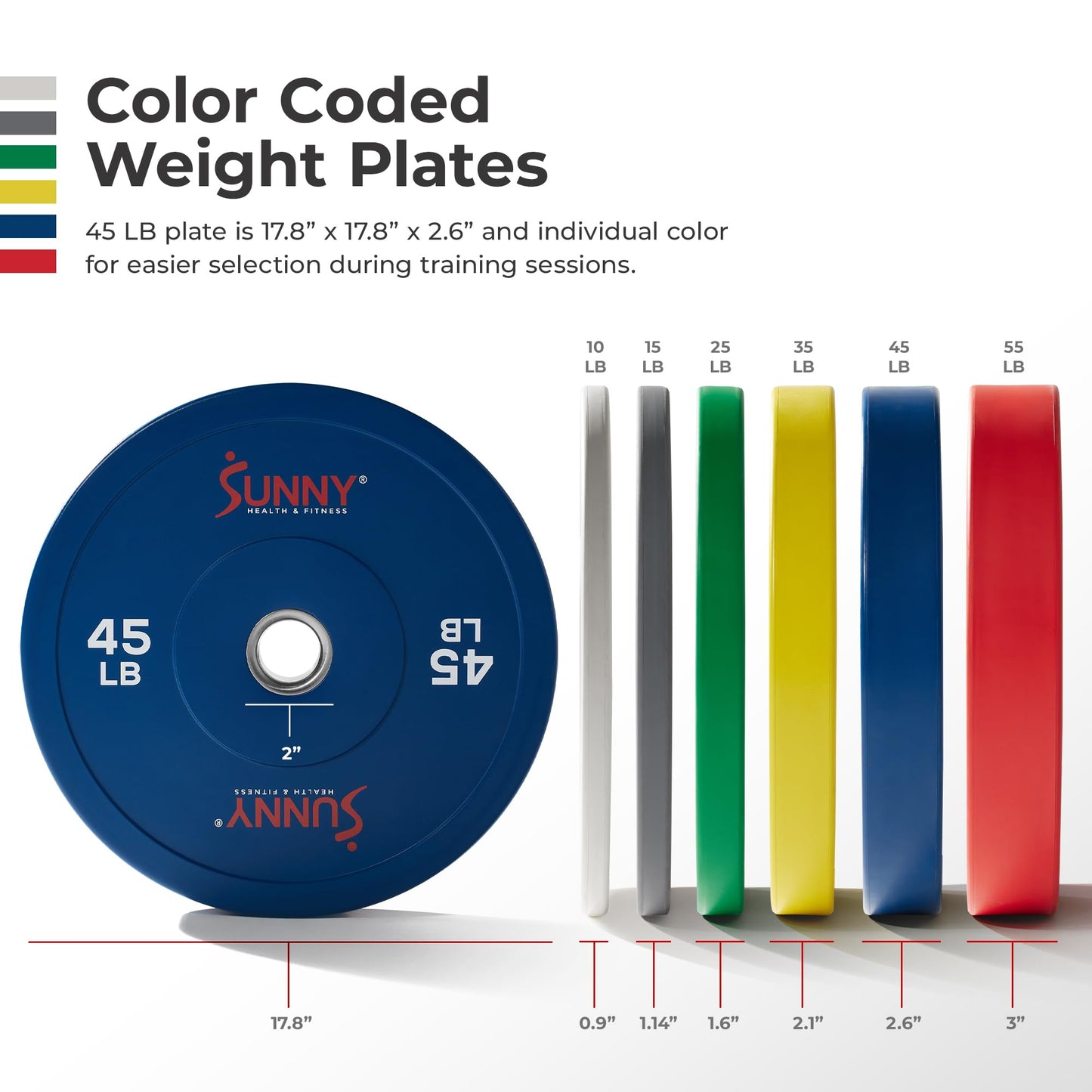 Sunny Health & Fitness Elite 2-Inch Rubber Olympic Bumper Weight Plate 10, 15, 25, 35, 45 & 55 LB w/ Steel Hub for Home Gym, Body Building, Strength Training, Barbell, Deadlifts, Weightlifting 45 POund (single)- SF-OP01-45