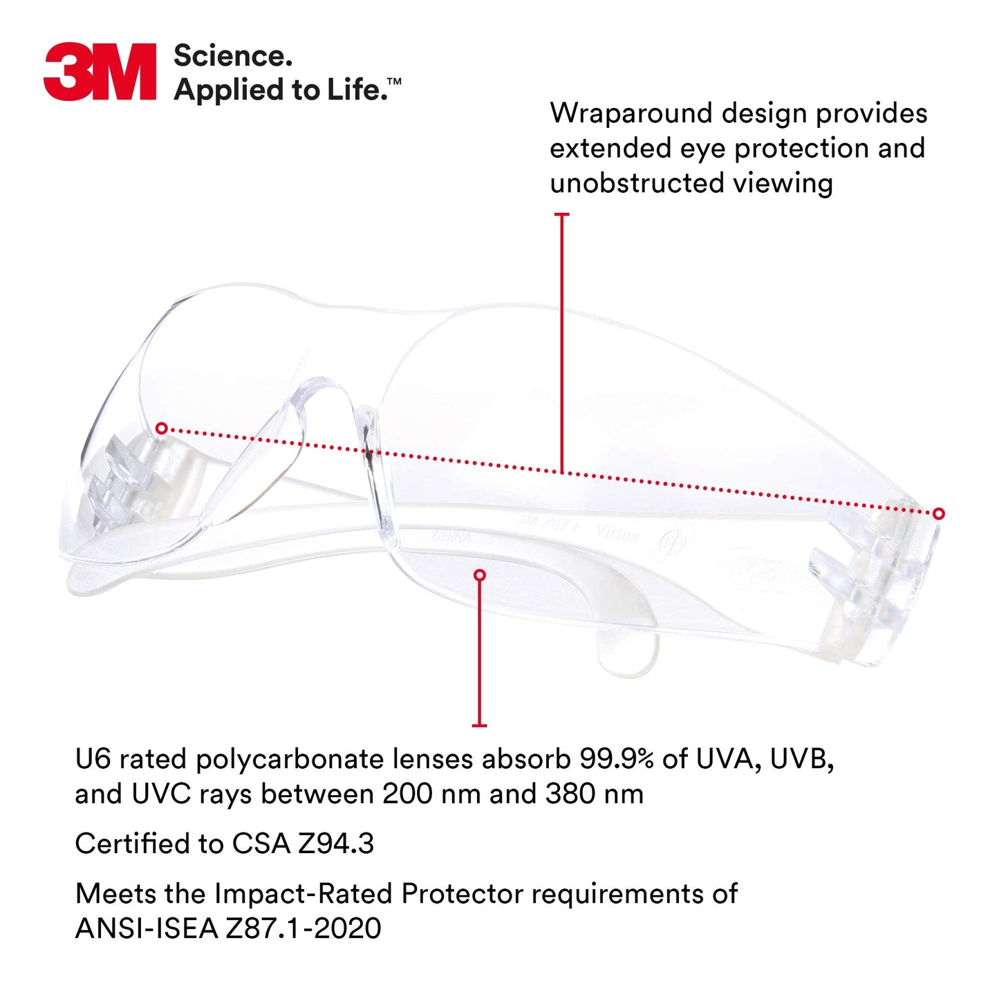 3M Safety Glasses, Virtua, Pack of 100, ANSI Z87, Unisex, Clear Hard Coat Lens, Clear Frame, Economical Eye Protection, Lightweight, Wraparound Coverage, UVA, UVB, UVC