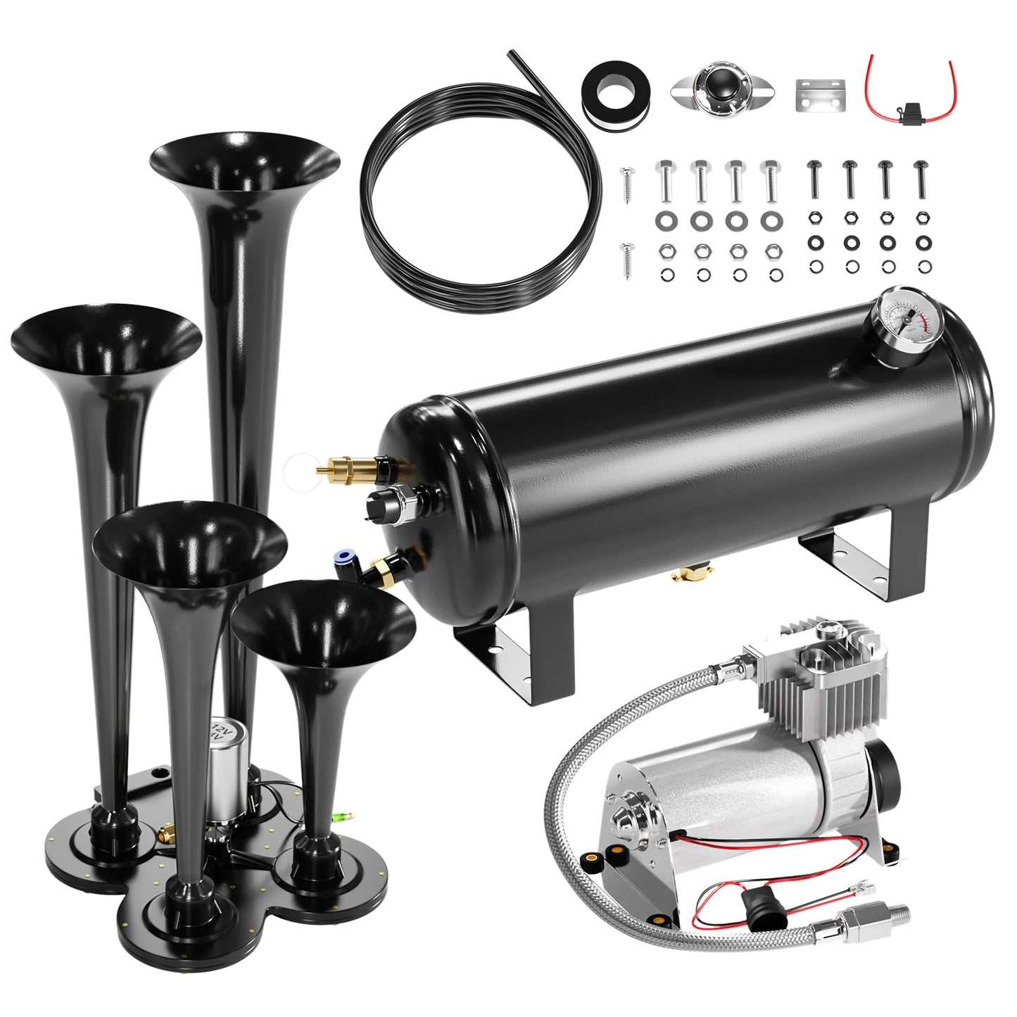 150DB Train Air Horn Kit, 4 Horn Kits for 150 PSI 12V Air Compressors, Ultra Loud Air Horn With Built-in 90-120 PSI Pressure Switch and Temperature Controller for Truck Complete Kit, Black 1.59 Gallon
