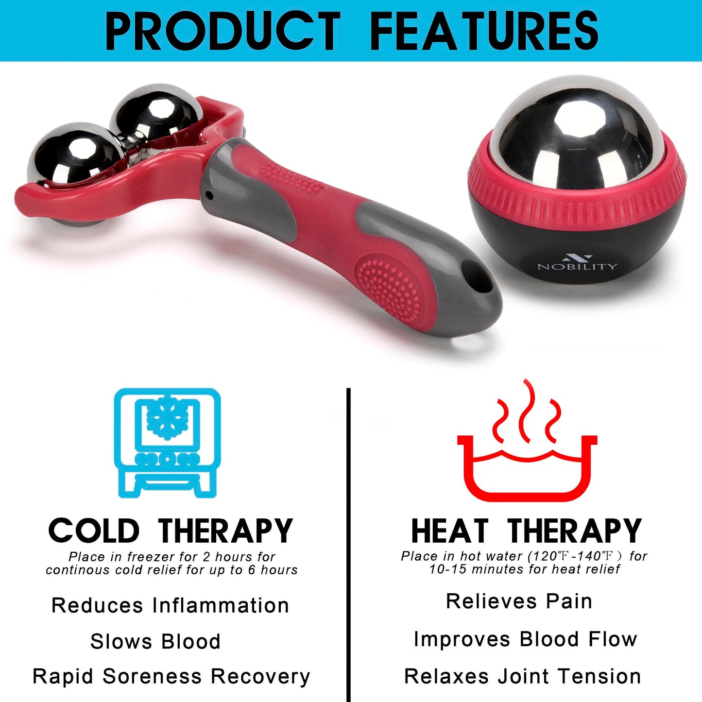 Nobility Massage Ball Roller– Ice Cold and Hot for Deep Tissue and Sore Muscle Relief of Stiffness and Stress, Body, Neck, Back, Foot, Plantar Double Pink