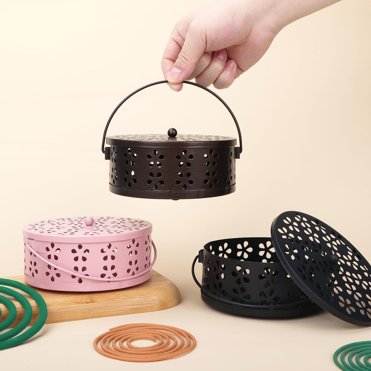 Portable Mosquito Coil Holder with Handle Round Heat-Resistant Iron Incense Coil Holder (Bronze)