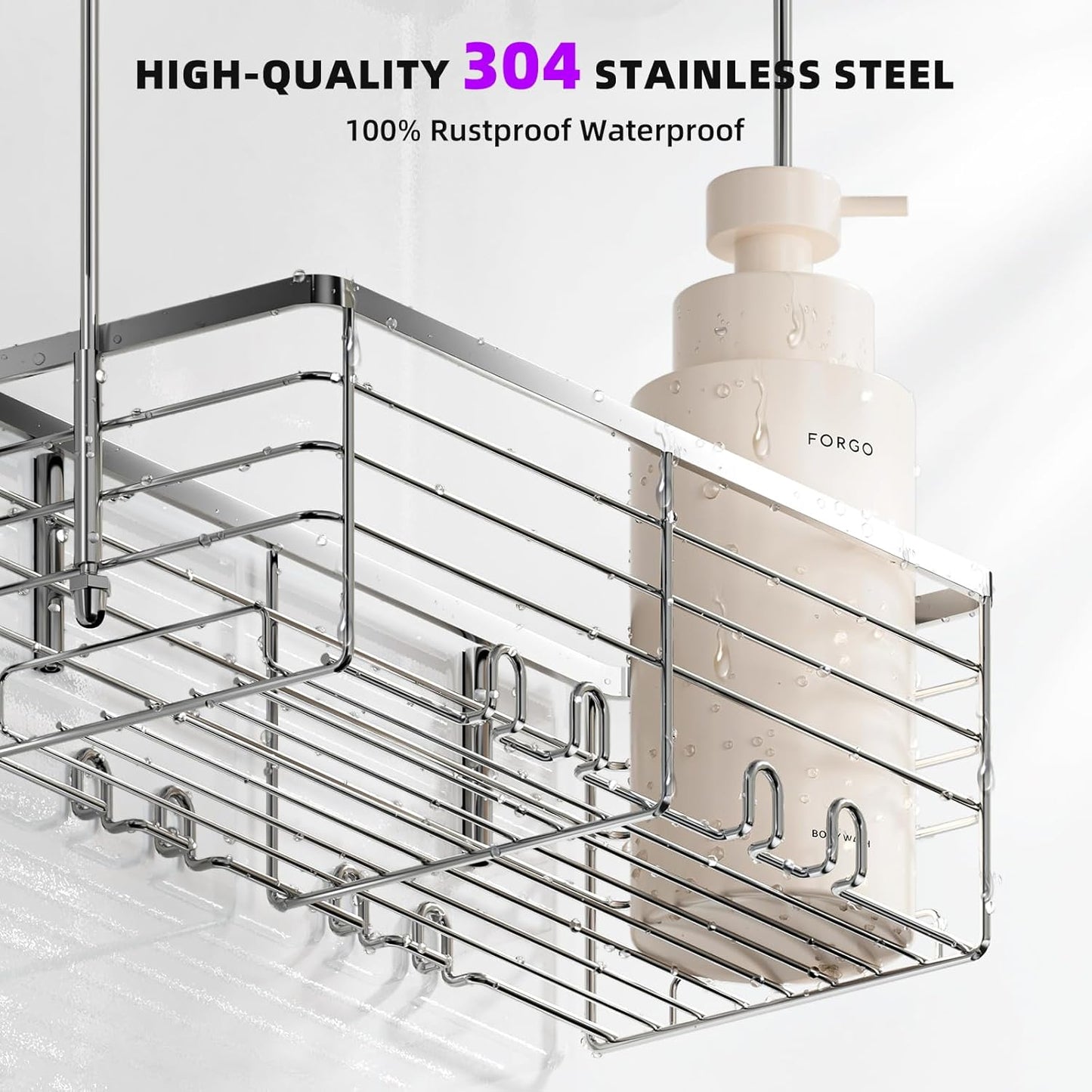 SHANSHUI Shower Caddy - Rustproof 304 Stainless Steel Bathroom Organizer with Hooks | Over Door Design