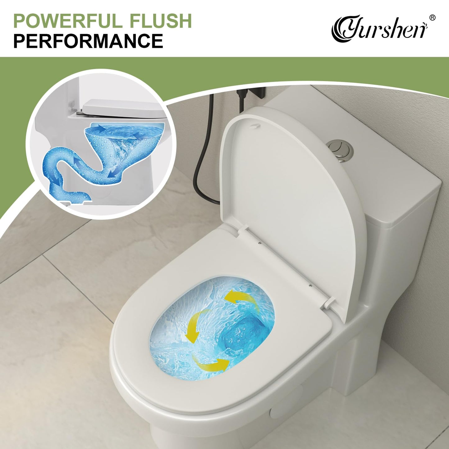 Yurshen 15.7" Elongated One Piece Toilet Compact for Small Bathroom Dual Flush 1.1/1.6 GPF, 12" Rough-in High Efficiency Flush, Standard White Bowl Ceramic- 24.7"D x 13.5"W x 28.2"H