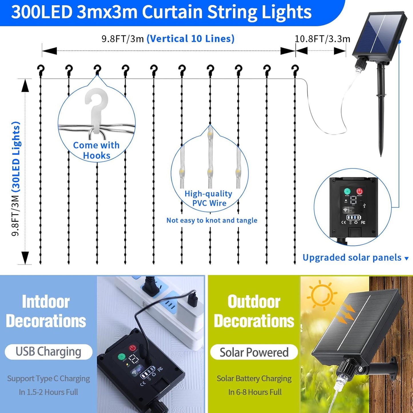 Skiennix Solar Curtain Lights - Waterproof 10x10 Ft 300 LED Twinkle Fairy Lights | 8 Modes, Remote Control, Rechargeable for Outdoor Events