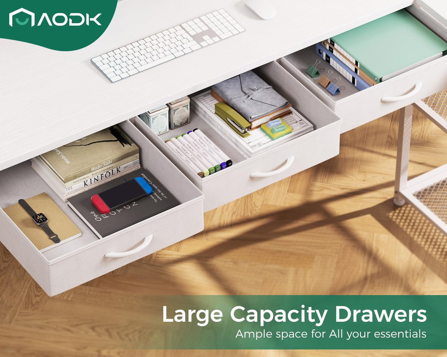 AODK 53 Inch L Shaped Computer Desk with Drawers, Corner Desk with Power Outlets & Reversible Storage Shelves, for Home Office Gaming, White