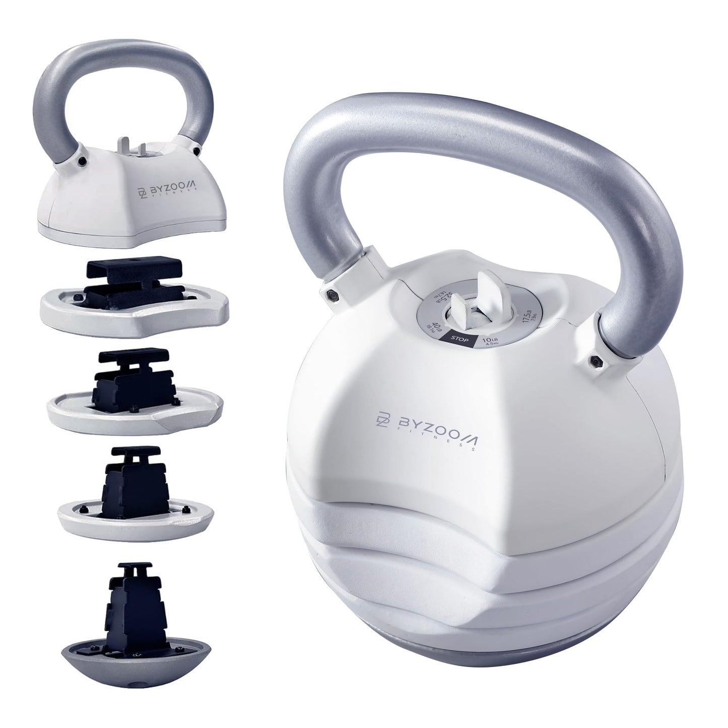 BYZOOM FITNESS Pure Series Adjustable Kettlebell 40LB - 5-IN-1 Weight Change, Patented Quick-Change Machenism, Ergonomic Curved Handle for Home Gym, Strength Training, HIIT, White