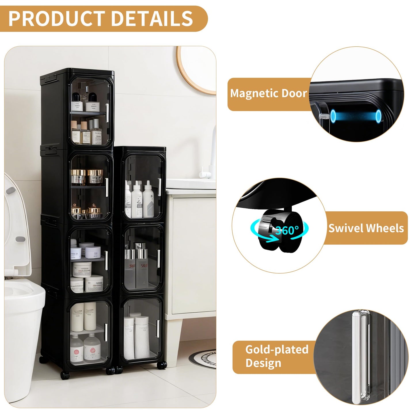 Lifelongpal 4-Tier Tall Narrow Storage Cabinet, Slim Bathroom Storage Cabinet with Adjustable Shelves and Wheels, Narrow Organizer for Small Space, Bathroom, Kitchen, Laundry, Black