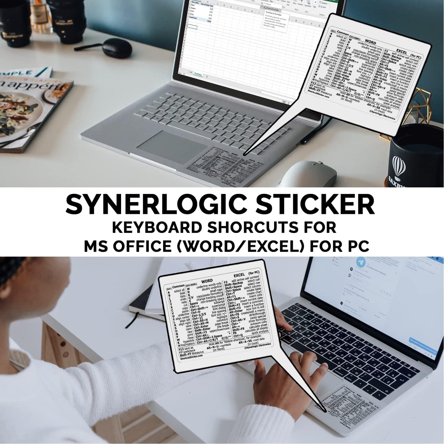 Synerlogic Word/Excel Windows Shortcut Sticker | Reference Guide Keyboard Shortcuts | Work from Home Essentials | Excel