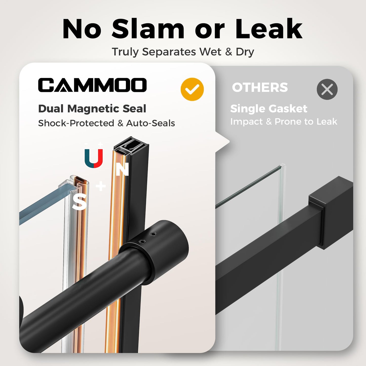 CAMMOO 56-60" W x 75" H Frameless Shower Door, Magnetic Sliding Glass Shower Door, 5/16"(8mm) Thick Tempered Glass, Leak-Proof Seals, Stainless Steel Hardware, Easy-Clean Nano Coating, Matte Black