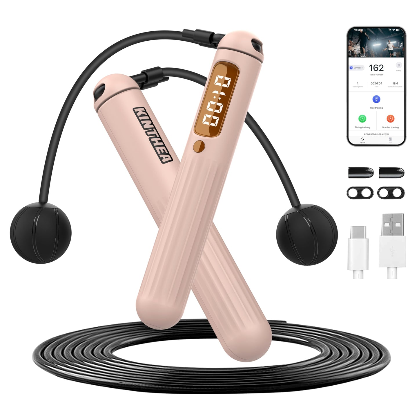 KINTHEA 2 in 1 Smart Jump Rope, APP Control & Data Record, Cordless Jumping Rope with Counter for Women, Men, All Age, Adjustable Skipping Rope for Cardio Fitness in Limited Home Space & Outdoor