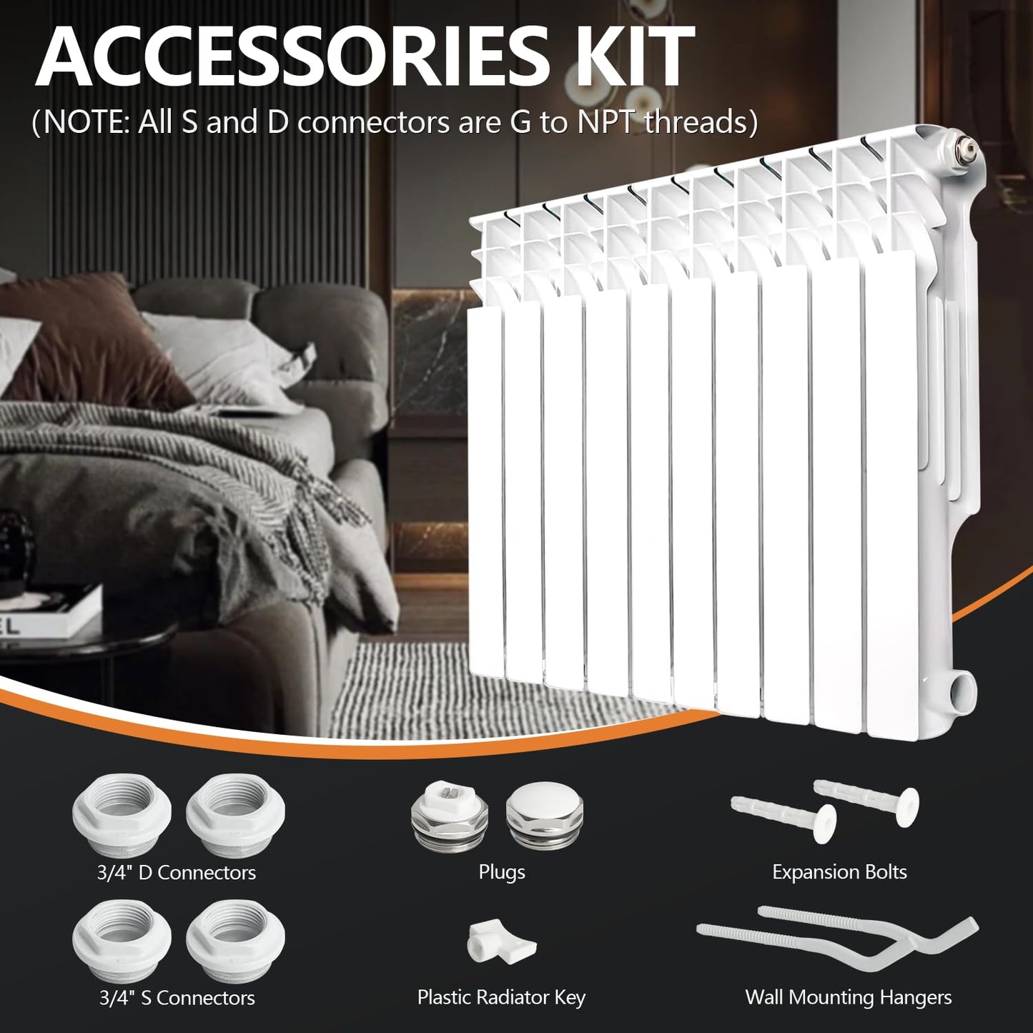Quiet Energy Saving Hot Water Radiator, 10-Panel Wall-Mounted Aluminum Radiator Heater for Kitchen, Bathroom and Bedroom
