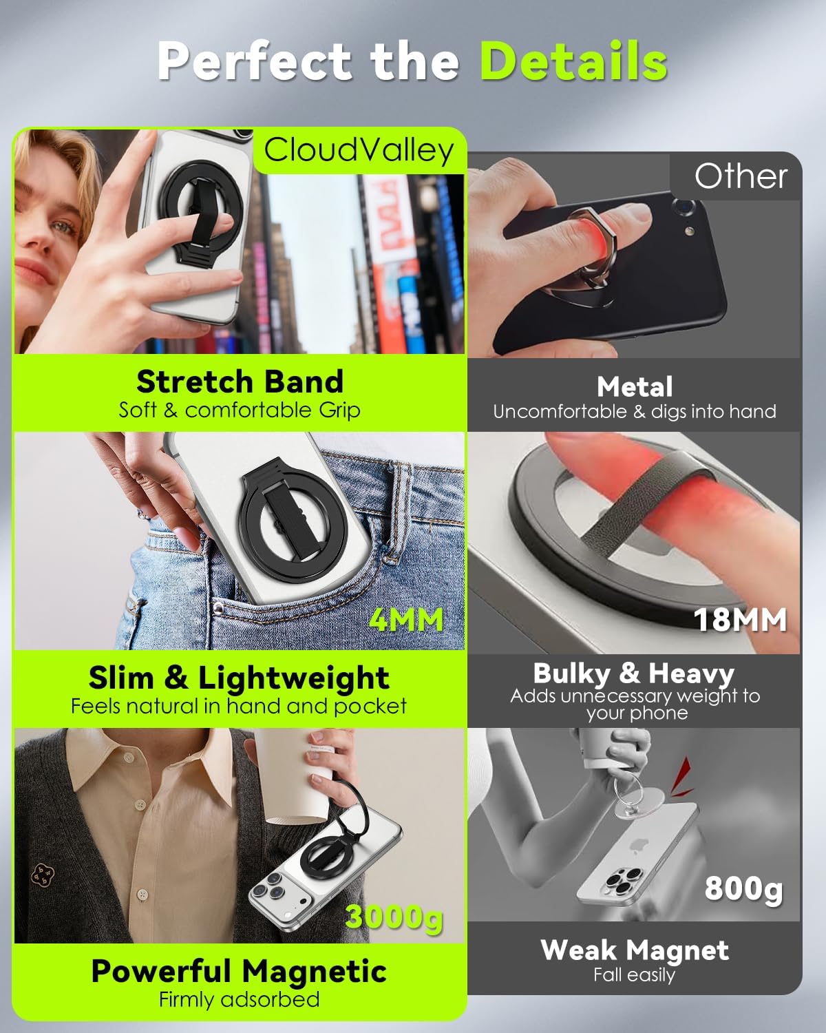 CloudValley 17 Max/16/15/14/13/12 Magnetic Phone Grip, Slim Rotating Finger Loop Ring Holder with Soft Strap