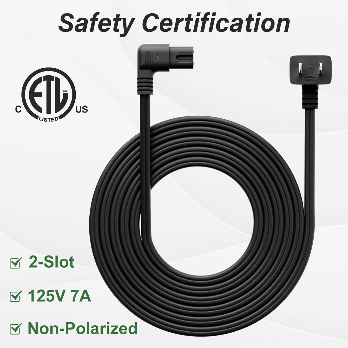 Conable 2-Slot 8 (2-Pack), 90 IEC320 C7 1-15P, 2 8, 2 Pack Angled Non-Polarized Angle Power Cord FT Degree L-Shaped TV