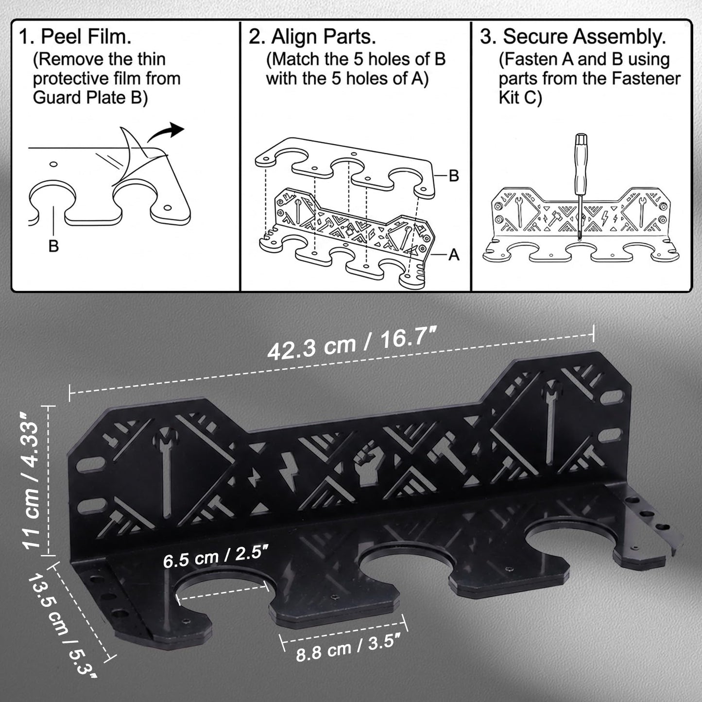 Macebell Storage Rack | Heavy-Duty Wall Mount Holder, 5.75mm Solid Thick Steel for 3 Sizes Mace Bells & Indian Clubs, UHMW Protective Padding with Complete Multi-Surface Mount Hardware