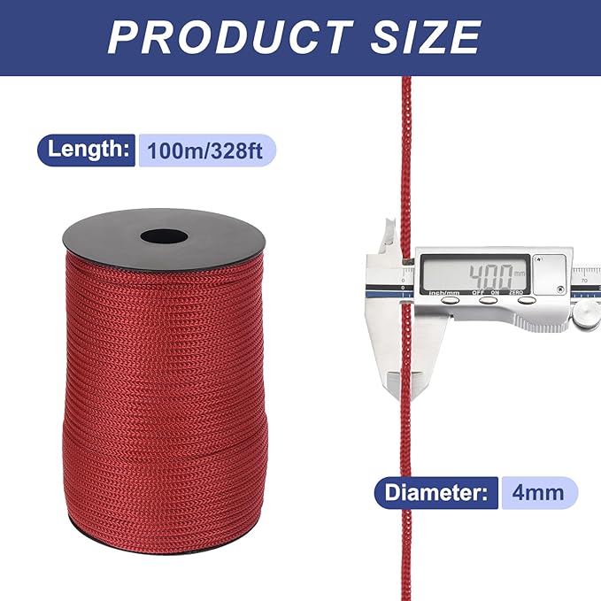 MECCANIXITY 5/32 Inch Polypropylene Rope Braided Ropes, 328ft Camping Rope Hollow Utility Cord for Clothesline, Hiking, Outdoor, Wine Red