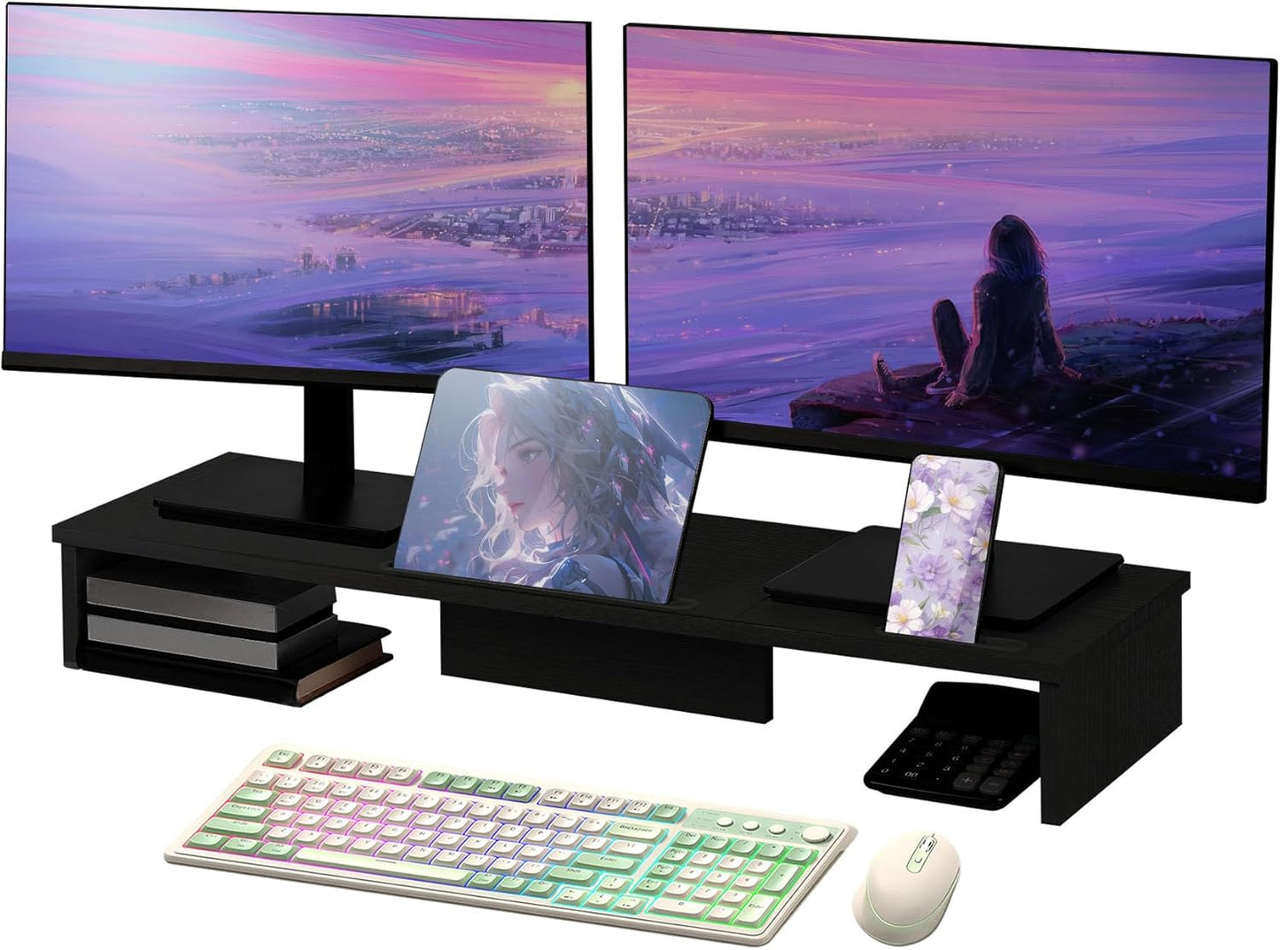 35.8in 2 Dual Monitor Stand Riser with Phone Tablet Holder, Large Monitor Stand for Desk, Computer Monitor Stand