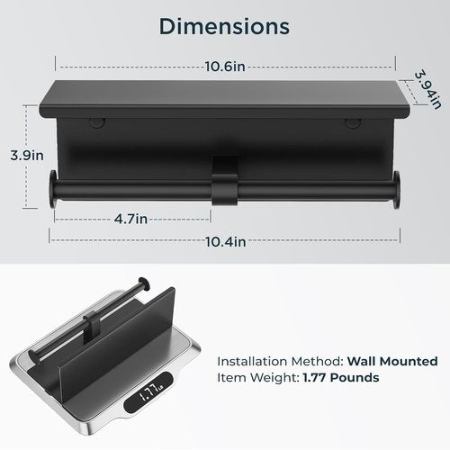 FORIOUS Double Toilet Paper Holder - Wall-Mounted Tissue Roll Dispenser with Shelf | 304 Stainless Steel, Matte Black