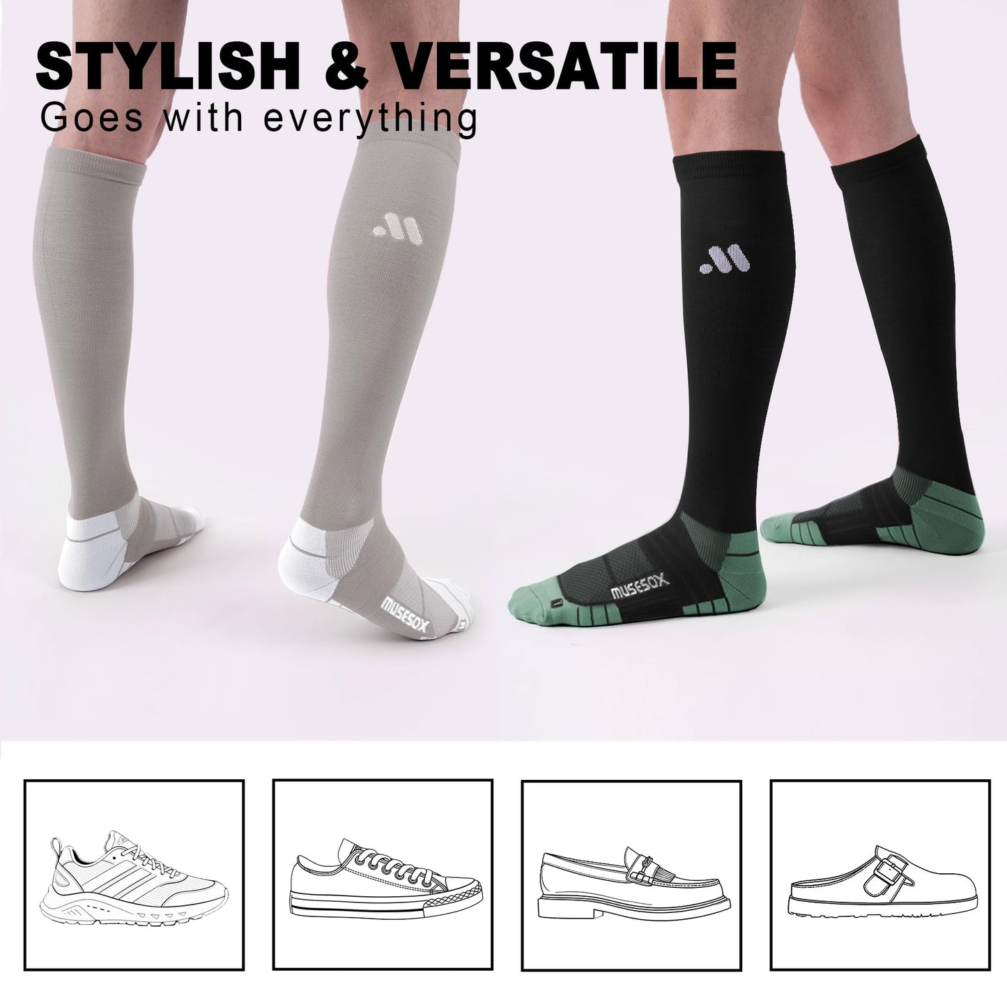 musesox Compression Socks for Women and Men,Knee High 15-20mmHg Graduated Support(3 Pairs) for Nurses,Travel,Black,Medium