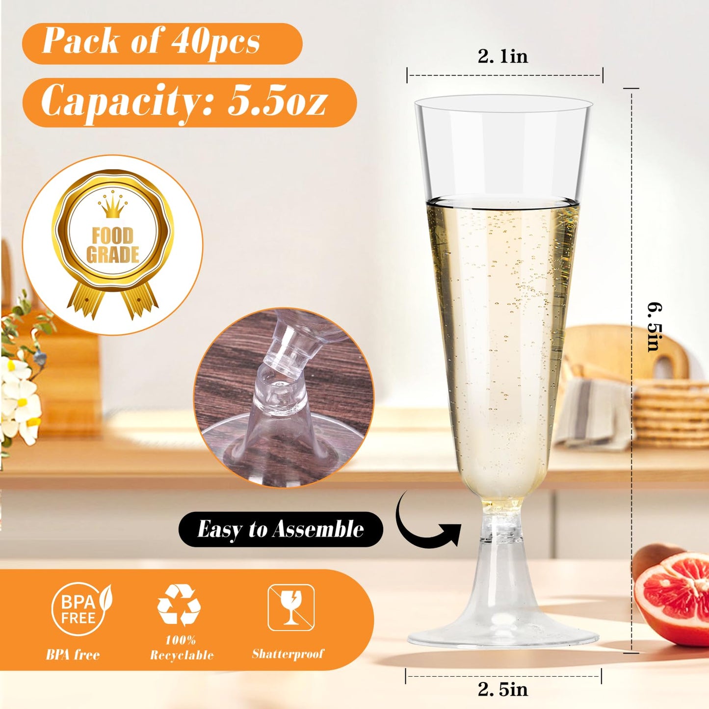 Plastic Champagne Flutes 40 Pack, 5.5 Oz Clear Disposable Plastic Champagne Glasses, Wine Glasses Cups for Wedding Celebration Birthday Party Valentines Wine Tasting New Years Eve Party Supplies