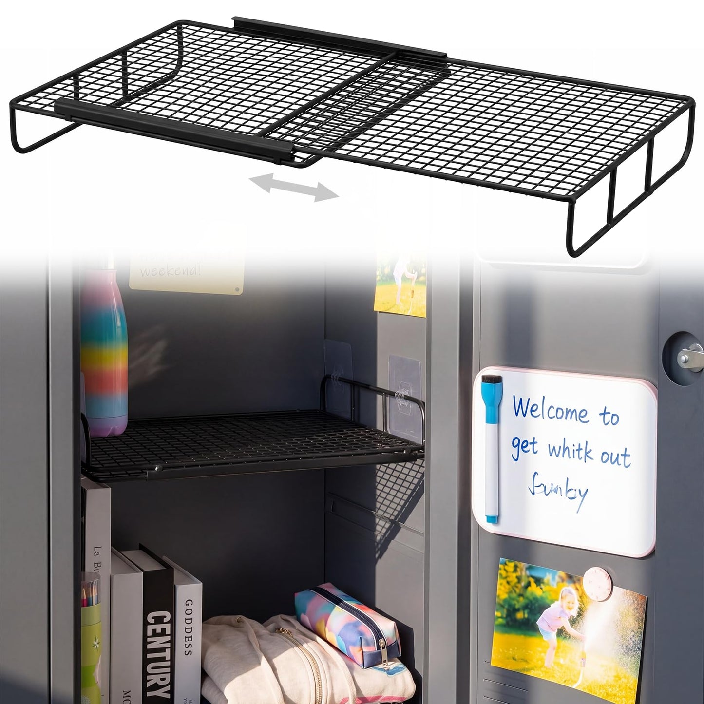 Colarr Adjustable Locker Shelf, Expandable Metal Locker Organizer Shelf 10.6-15 Inch, Heavy Duty Lockers Shelves with Support Adhesive Hooks to Fit School Classroom Office Gym Lockers(Black)