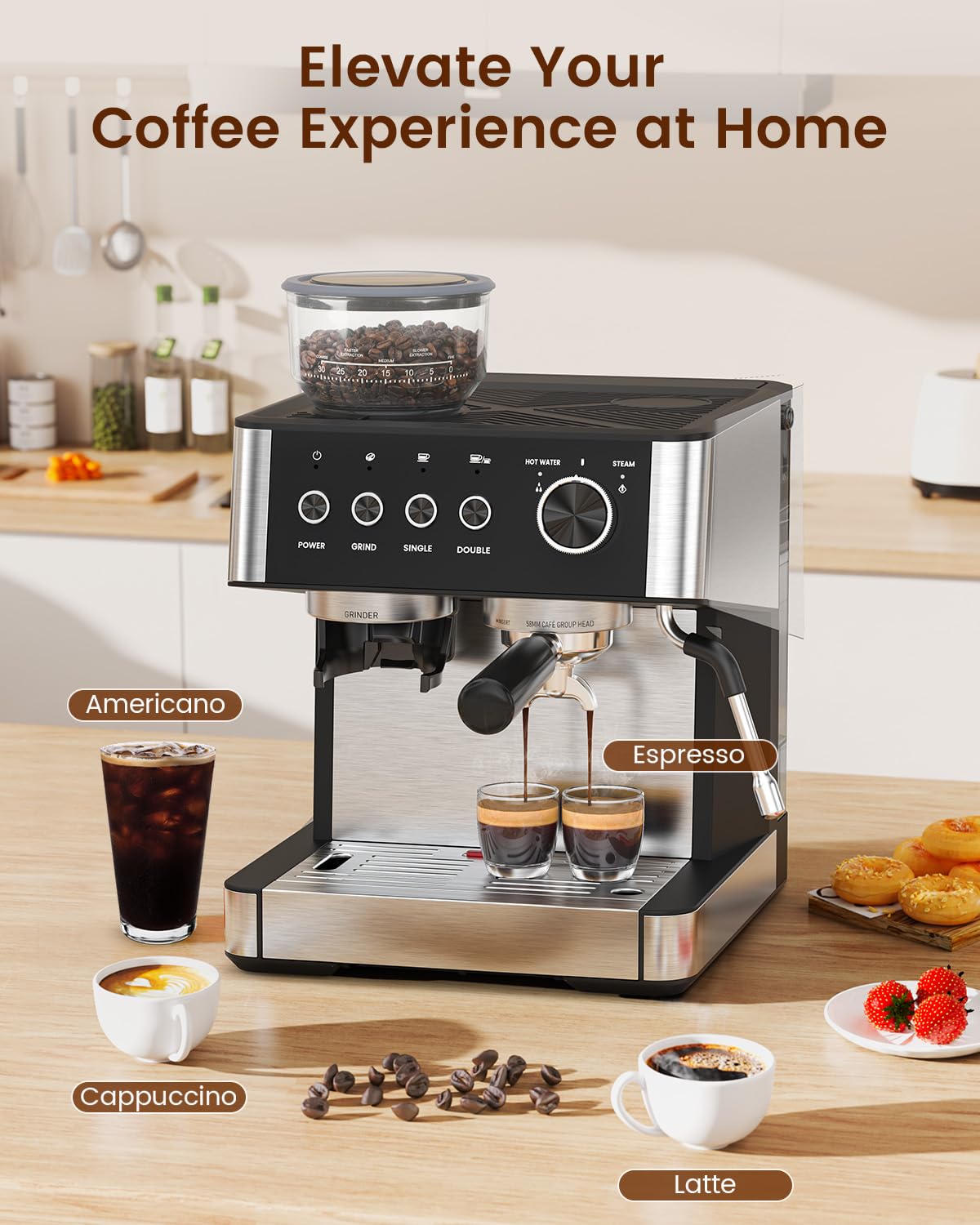 Electactic Espresso Machine with Grinder, 15 Bar Expresso Coffee Machines with Milk Frother Steam Wand, Professional Espresso Maker with Removable Water Tank, Cappuccino & Latte Machine for Home