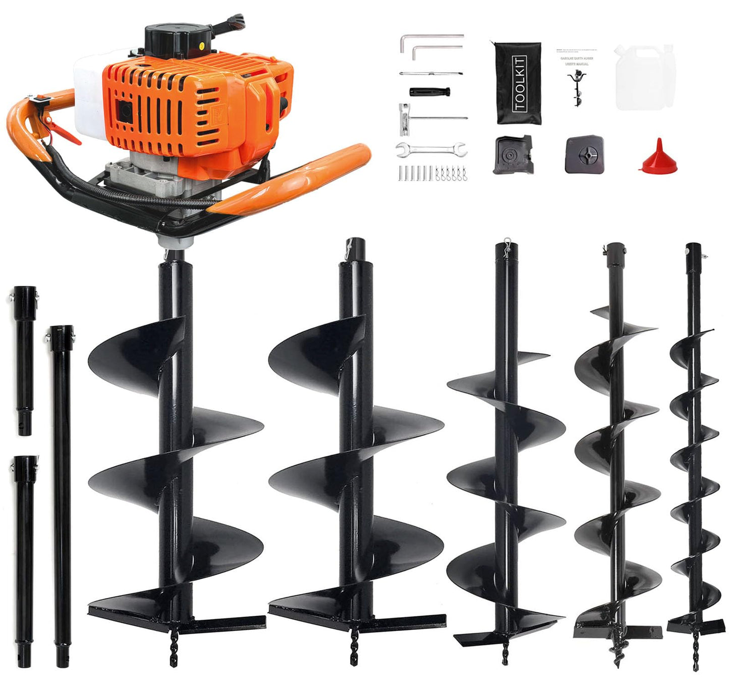 XJADQW 62CC 2-Stroke Gas Powered Post Hole Digger with 4" & 6" & 8" & 12" Auger Bits + 8“ & 12" & 20" Extension Rod, Heavy Duty Earth Auger for Farm, Garden, Landscaping, Construction