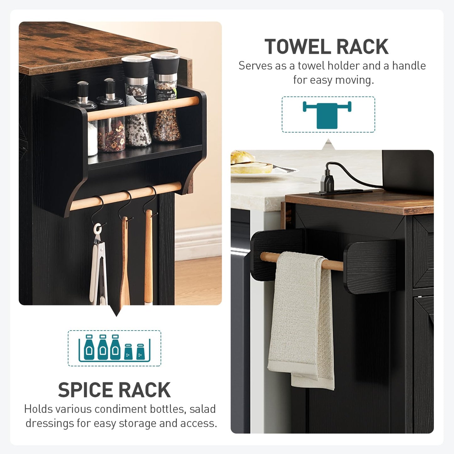 RALGEND Kitchen Island with Drop Leaf & Power Outlet, Rolling Kitchen Island Cart On Wheels, Barn Door Kitchen Island Table with Storage, Island Table for Kitchen, Black and Rustic Brown