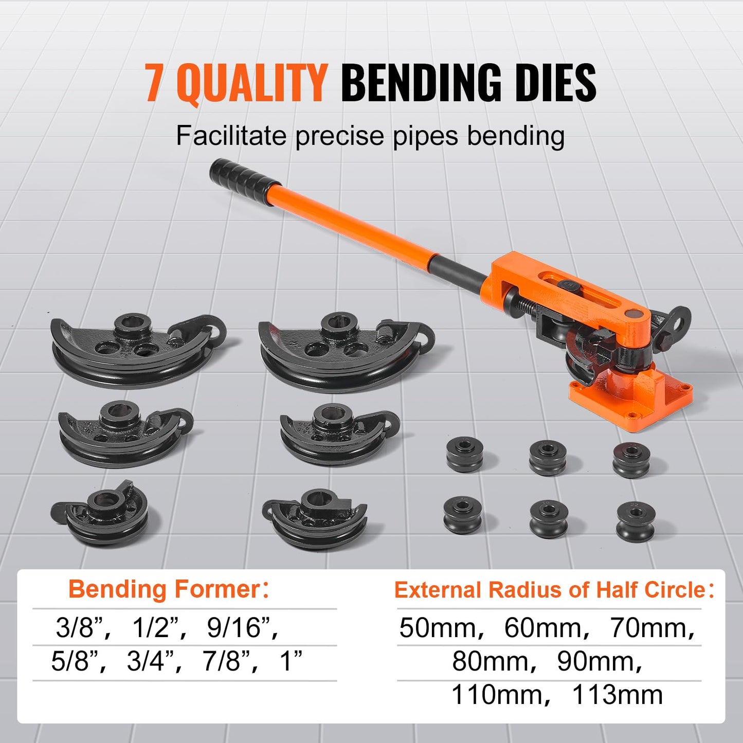 VEVOR Pipe Tube Bender, 3/8" to 1" OD Manual Pipe Tube Bender with 7 Bending Dies, 180° Copper Aluminum Pipes Bending Tools for HVAC Air Conditioning Refrigerator Auto Repair