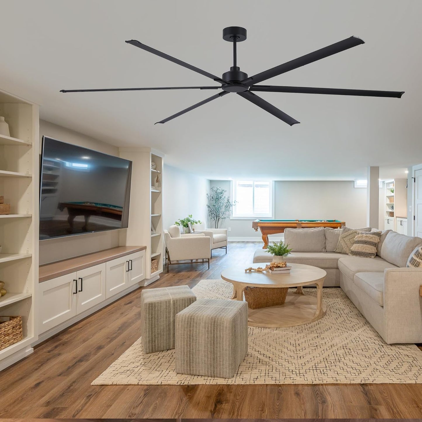 FUMLTP 108 inch Large Ceiling Fans No Lights with Remote Control,Black Modern Industrial Ceiling Fan for Garage Living Room Patio Farmhouse, 6 Speed Reversible Quiet DC Motor, Timer, 6 Blades.
