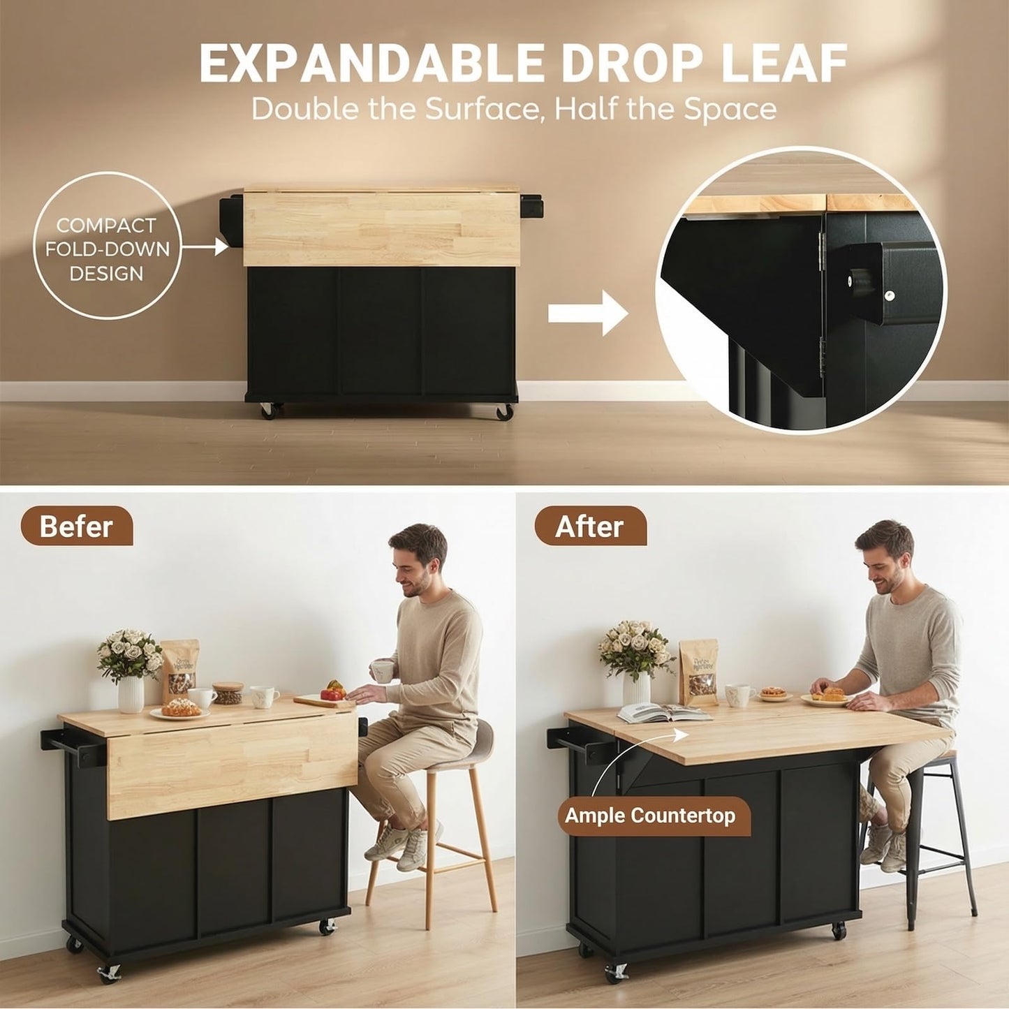 Waully 53'' Mobile Kitchen Island with Seating, Rolling Kitchen Island with Storage and Drop Leaf, 3 Drawers Islands Cart Rubberwood Top, 2 Open Shelves, Isla para Cocina, Black + 2 StooIs