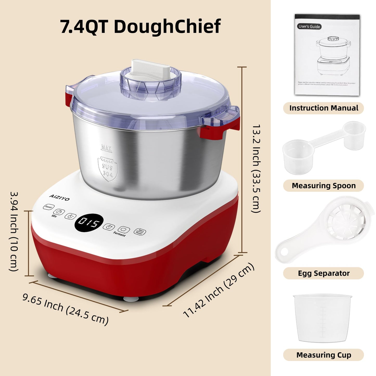 AIZIYO DoughChief, 7.4QT Dough Mixer, Dough Maker with Ferment Function, Bread Maker with 304 Stainless Steel Bowl, Removeable lid, Touch Panel Control, Proofing Box for Pizza & Bread