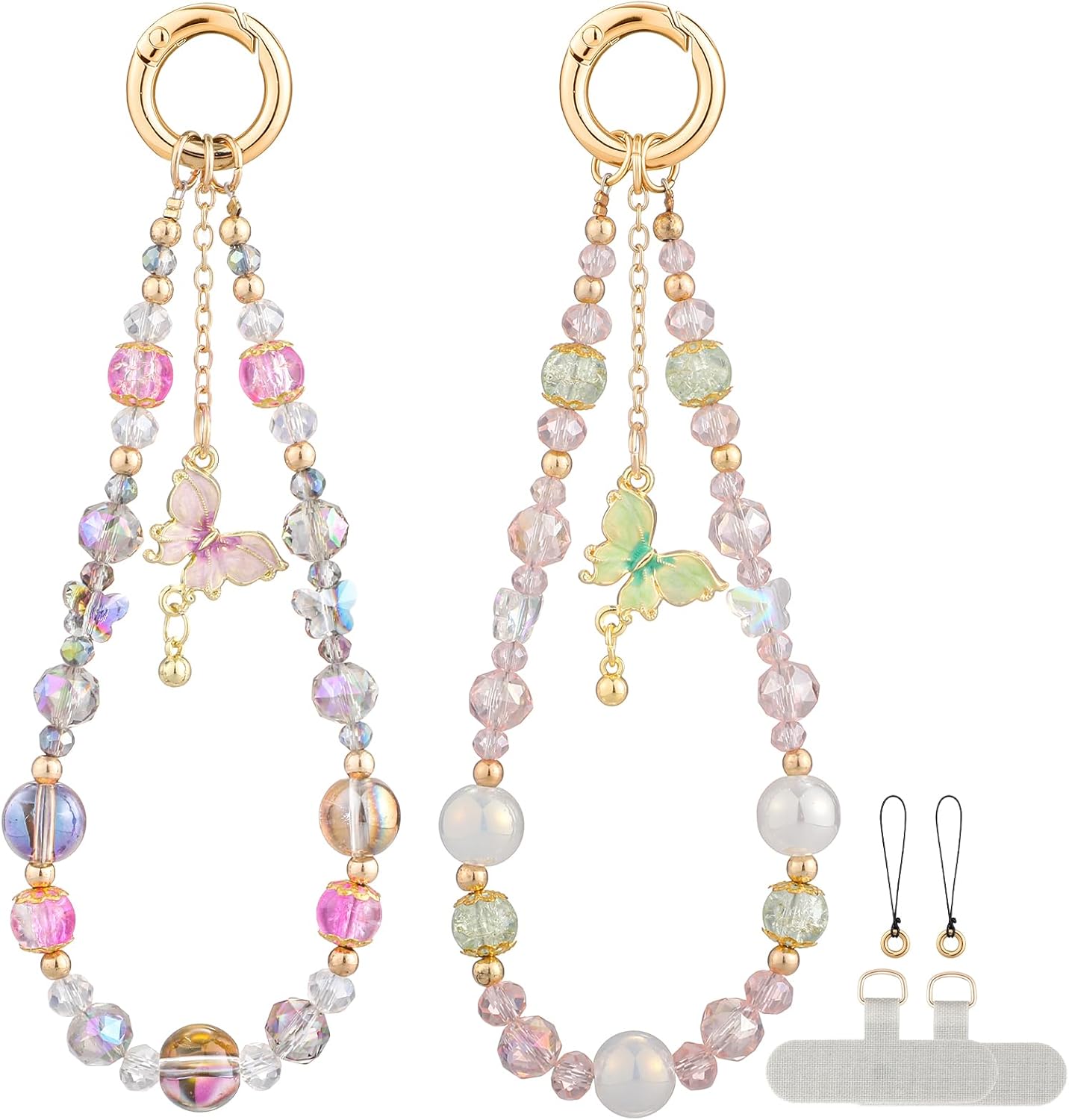 2 BESARME Pcs Phone Charm Wristlet with Crystal Beads and Butterfly Pendant, Includes Tether Tab for Easy Attachment