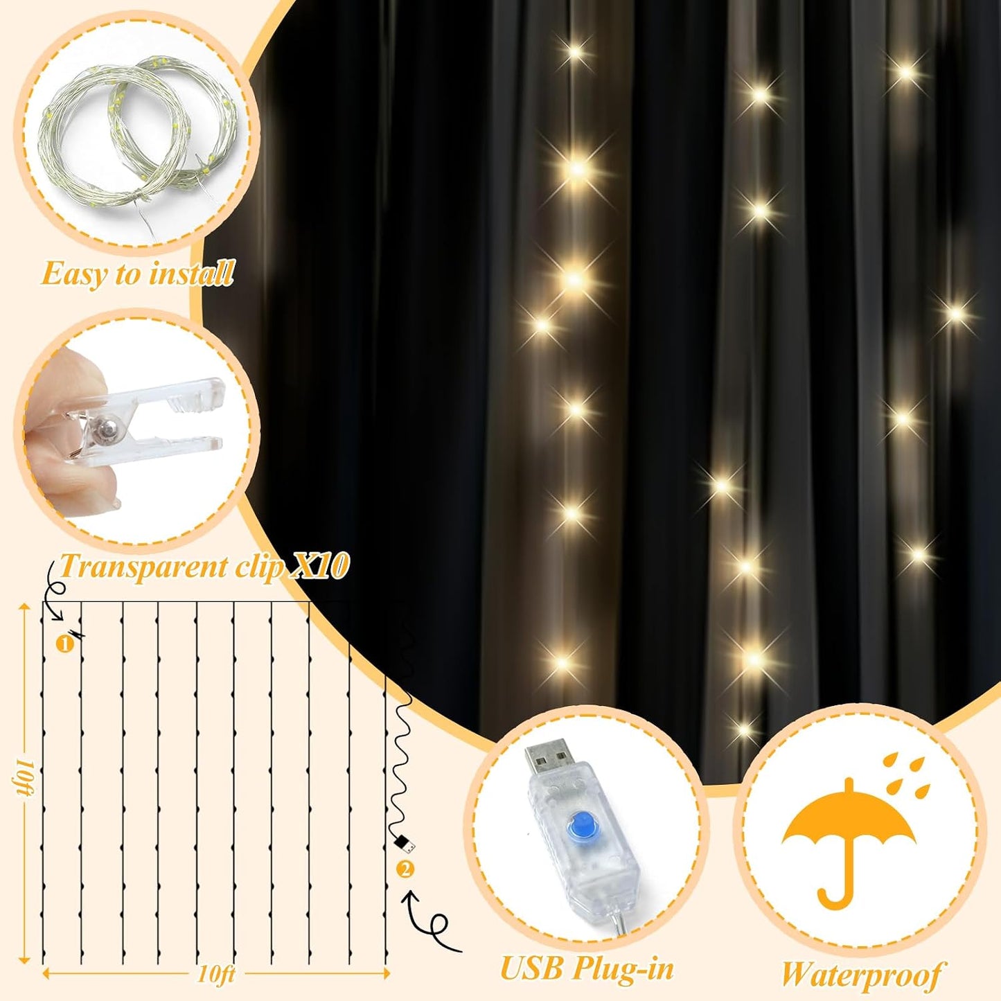 Ledido 1010ft 300LED Decoration(2 510ft)Black Black Tulle Backdrop Curtains with Lights String - Fairy Lights Sheer