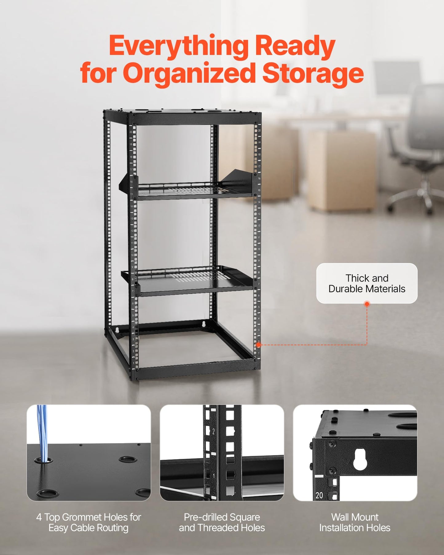 VEVOR 20U Server Rack, Open Frame Network Rack,4-Post Floor Standing or Wall Mounted, Includes 2PCS Vented 1U Rack Shelves & Mounting Hardware, Computer Wall Rack for 19" IT/AV Equipment