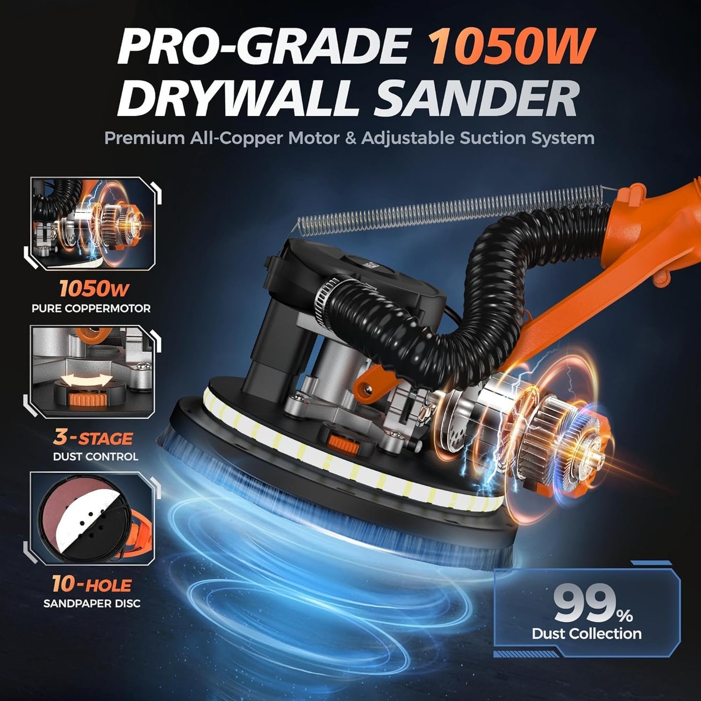 Drywall Sander with Vacuum Dust Collector, 1050W 7.33A Popcorn Ceiling Removal Tool, LED Light, 5 Variable Speed 1000-2100RPM, Foldable & Extendable Handle, 12 Sanding Discs