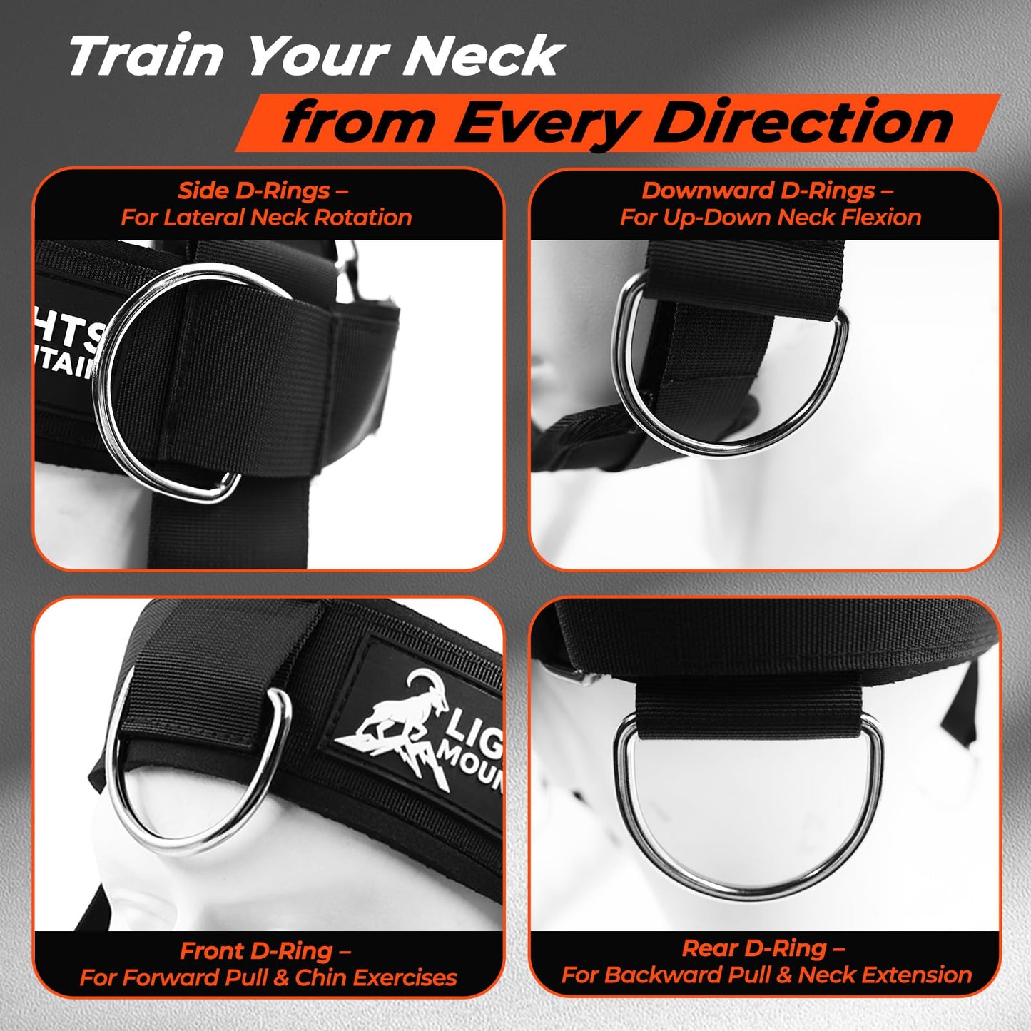 Lights Mountain Adjustable Neck Harness for Weight Training with 6 D-Rings, Includes Skull Cap, Resistance Band & Loading Strap - Adjustable Head Harness for Neck Strengthening & Resistance Workout
