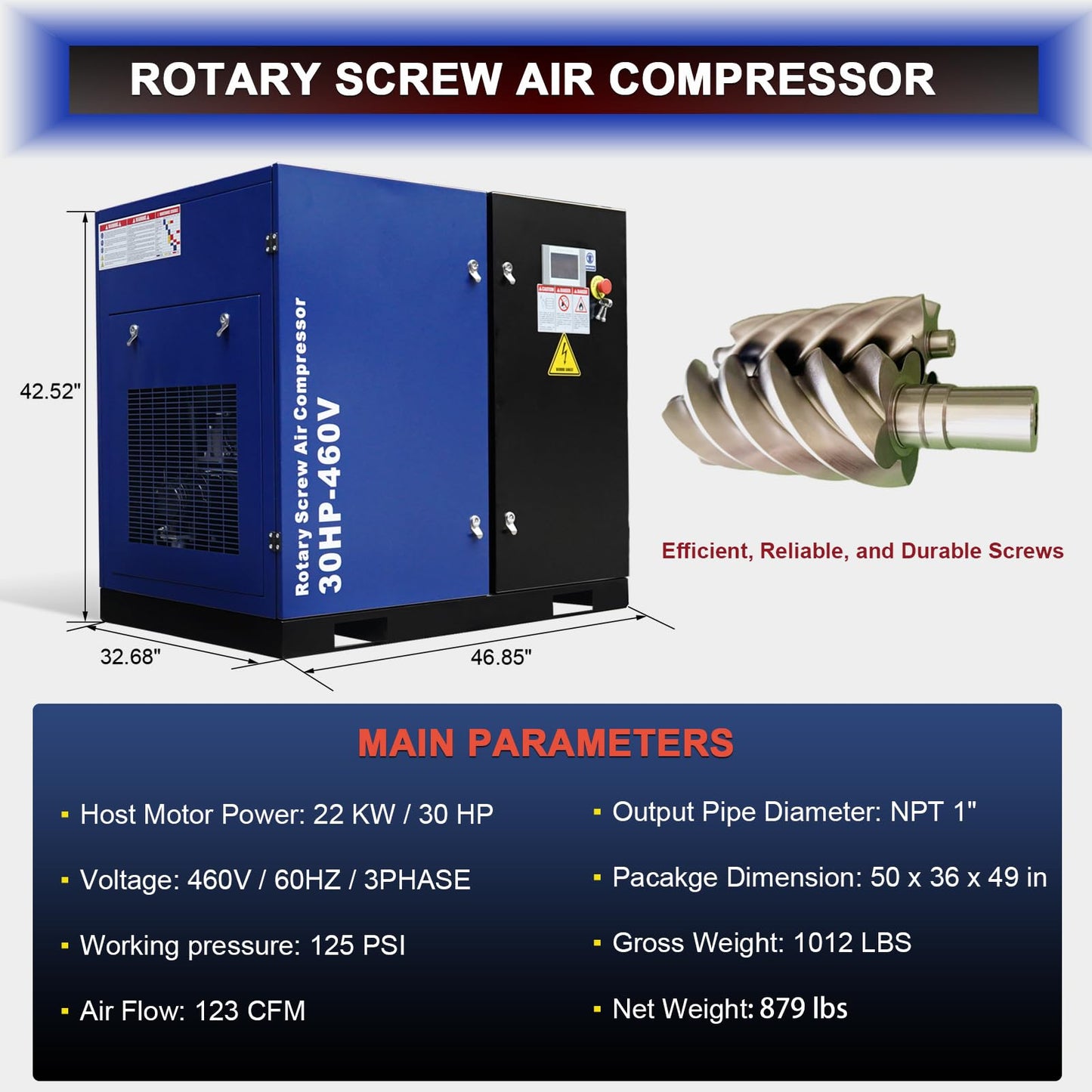 Trollastor 20HP Rotary Screw Air Compressor, 74 CFM @125 PSI, 230V 60Hz 3-Phase Fixed Speed Industrial Compressor, 62 dB Low-Noise, Star-Triangle Start, 1" NPT Outlet, Heavy-Duty Steel Cabinet